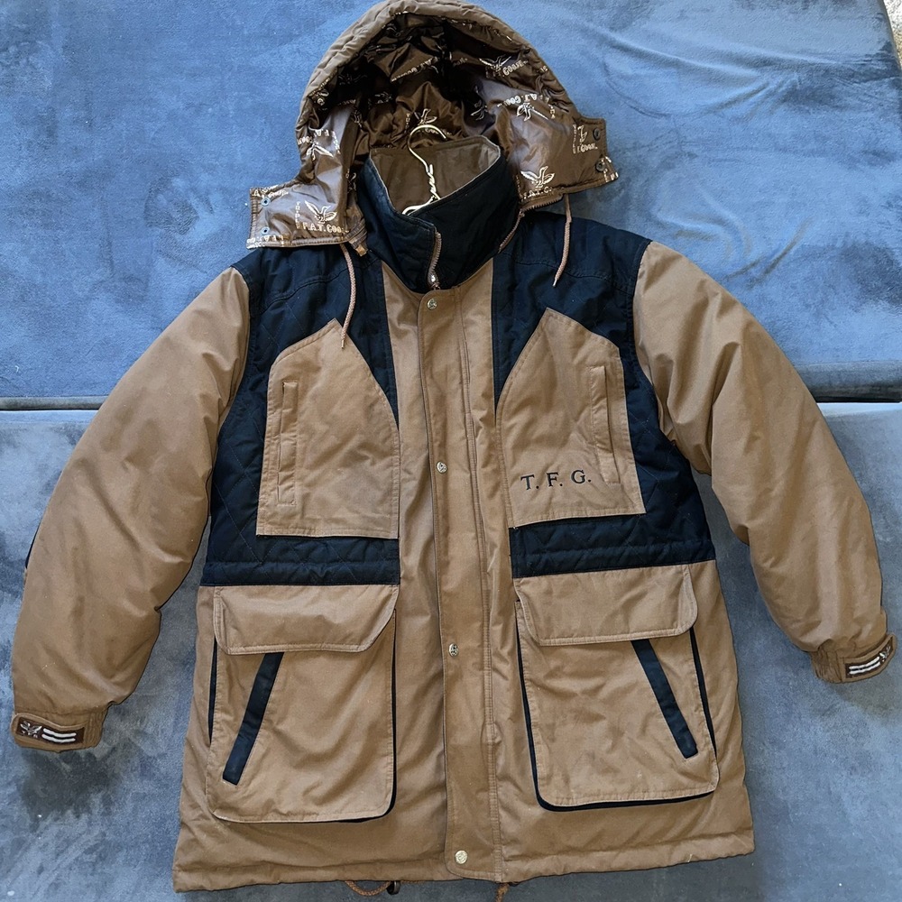 VTG 90s Triple F.A.T. Goose Down Utility Parka Jacket Brown Black XL